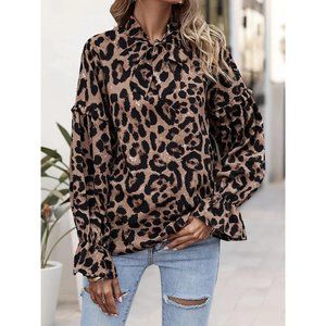 Cheetah Print Long Sleeve Blouse Flowy Animal Leopard Pattern Top
